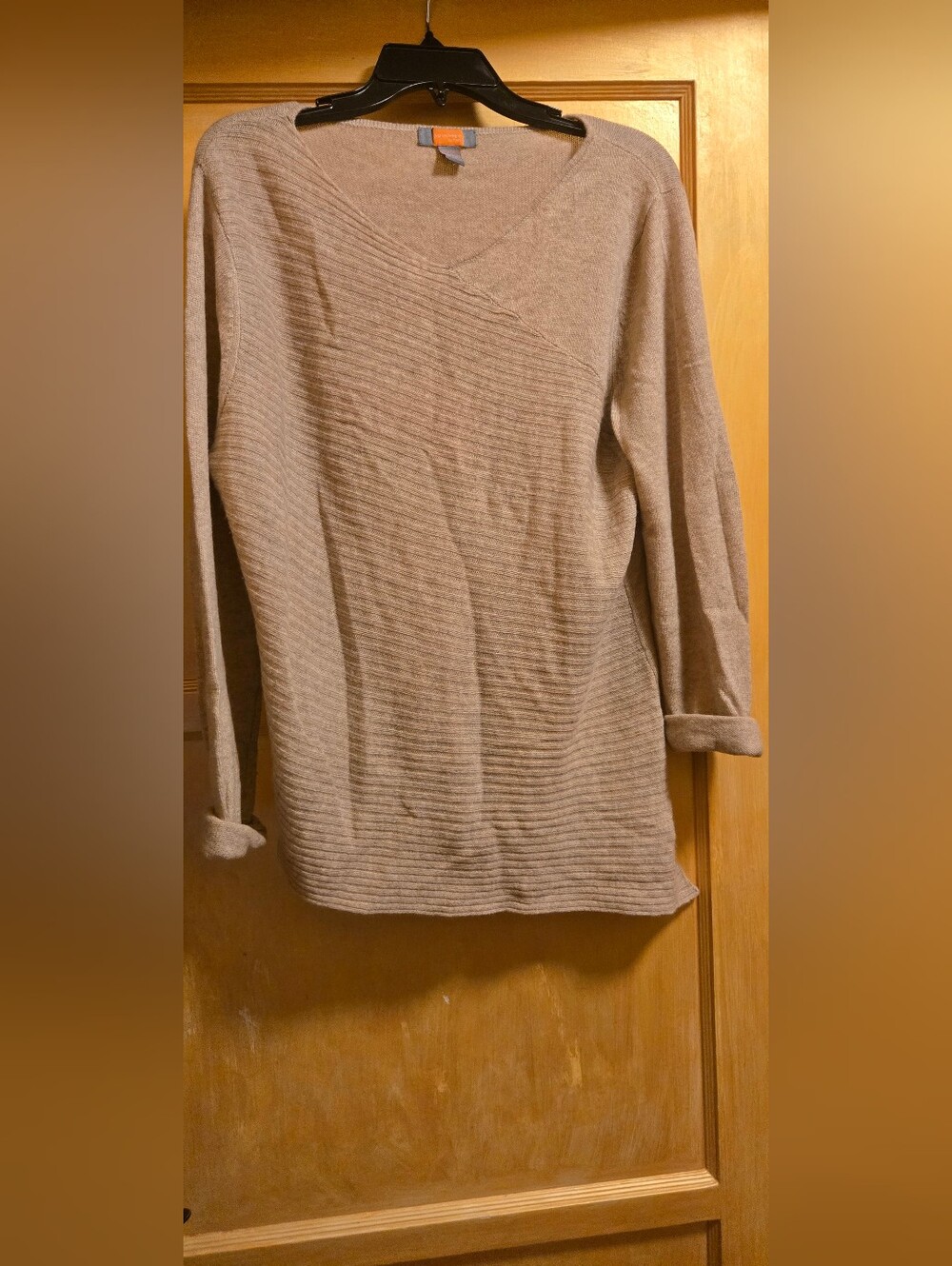 Just Cashmere V-Neck Ribbed Sweater - Taupe